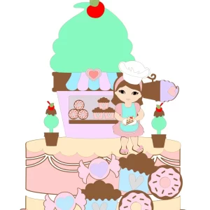 Arquivo digital de topo de bolo Tema Confeitaria no formato Studio, ideal para festas infantis ou temáticas de culinária e confeitaria.