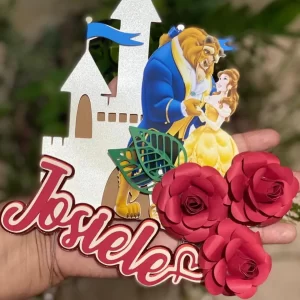 Arquivo digital de topo de bolo Bela e a Fera no formato Studio, ideal para festas infantis com tema Disney clássico.