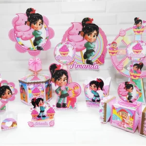 Arquivo digital de corte Detona Ralph Vanellope em PDF para criar topo de bolo e decoração personalizada de aniversário.