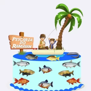 Topo de bolo Pescaria para imprimir, perfeito para festa de aniversário infantil e decoração temática.