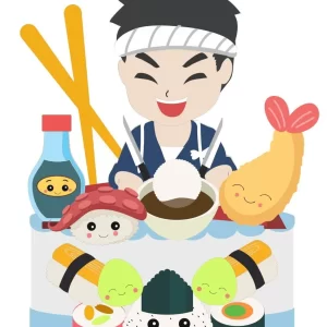 Tema Topo de Bolo de Sushi Studio para festa de aniversário e decoração temática