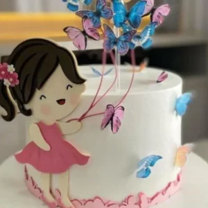 Arquivo digital de topo de bolo Menina com Balões de Borboletas no formato Studio, ideal para festas infantis delicadas e coloridas.