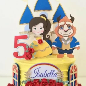 Arquivo digital de topo de bolo A Bela e a Fera no formato Studio, ideal para festas infantis com tema Disney clássico.
