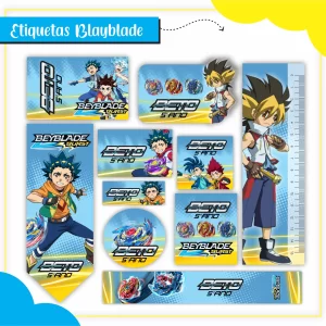 Arquivo Etiqueta Escolar Beyblade – etiquetas escolares personalizadas com personagens e peões de batalha do universo Beyblade.