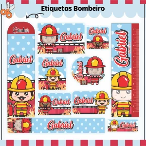 Arquivo Etiqueta Escolar Bombeiro – etiquetas escolares personalizadas com tema de bombeiros, caminhões e equipamentos de resgate.
