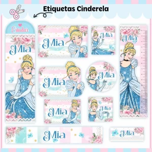 Arquivo Etiqueta Escolar Cinderela PNG – etiquetas encantadoras com a princesa Cinderela em alta resolução para personalizar materiais escolares.