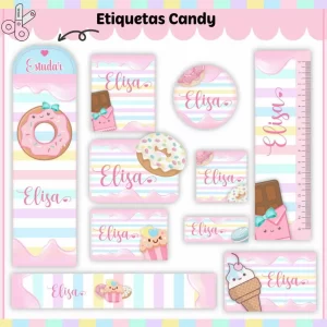 Arquivo Etiqueta Escolar Doces – etiquetas escolares coloridas com tema de doces e confeitos para personalizar materiais de forma divertida.