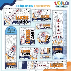 Arquivo Etiqueta Escolar Foguete – etiquetas escolares criativas com tema espacial e ilustrações de foguetes coloridos.