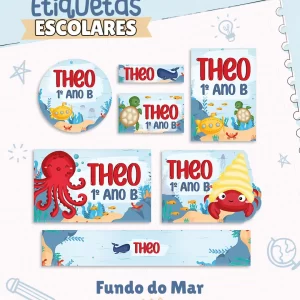 Arquivo Etiqueta Escolar Fundo do Mar – etiquetas escolares com tema marítimo para personalizar materiais com peixes, conchas e elementos do oceano.