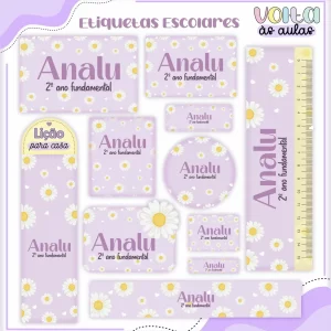 Arquivo Etiqueta Escolar Margaridas – etiquetas escolares personalizadas com flores delicadas e design alegre para imprimir.