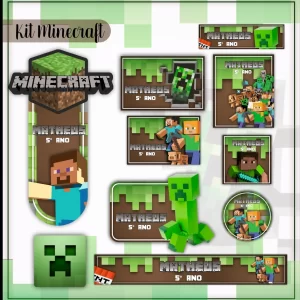 Arquivo Etiqueta Escolar Minecraft – etiquetas escolares com personagens e elementos do jogo Minecraft para personalizar materiais com criatividade e diversão.