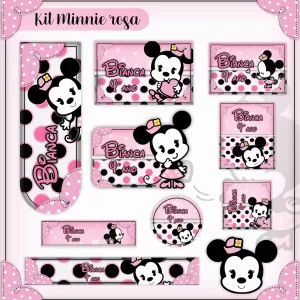 Arquivo Etiqueta Escolar Minnie Rosa – etiquetas escolares para imprimir com o tema Minnie em tons de rosa.