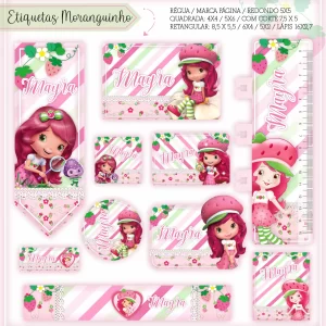 Arquivo Etiqueta Escolar Moranguinho – etiquetas escolares com a personagem Moranguinho para identificar materiais com delicadeza e charme.