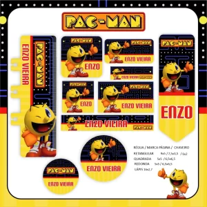 Arquivo Etiqueta Escolar Pac Man – etiquetas escolares com o clássico personagem Pac-Man para personalizar materiais com estilo retrô e divertido.