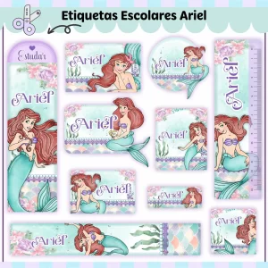 Arquivo Etiqueta Escolar Tema Ariel – etiquetas escolares com a Princesa Ariel e elementos do oceano para personalizar materiais com encanto.