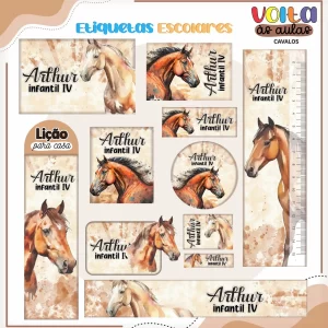 Arquivo Etiqueta Escolar Tema Cavalo – etiquetas escolares com ilustrações de cavalos para personalizar materiais com elegância e estilo.