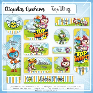 Arquivo Etiqueta Escolar Top Wing – etiquetas escolares com os personagens do desenho Top Wing para personalizar materiais com diversão e aventura.