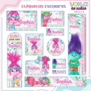 Arquivo Etiqueta Escolar Trolls – etiquetas escolares com os personagens coloridos do filme Trolls para personalizar materiais com alegria e diversão.