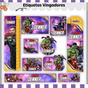 Arquivo Etiqueta Escolar Vingadores para imprimir – etiquetas escolares personalizadas com os heróis dos Vingadores.