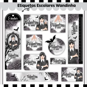 Arquivo Etiqueta Escolar Wandinha – etiquetas escolares com o estilo gótico e criativo da personagem Wandinha Addams para personalizar materiais.