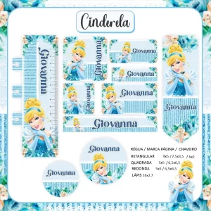 Arquivo Etiqueta Escolar da Cinderela – etiquetas escolares personalizadas com tema de princesa, tons de azul e detalhes encantadores.