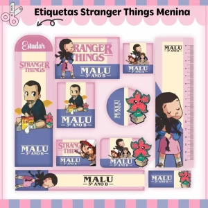 Arquivo Etiqueta Escolar de Stranger Things – etiquetas escolares com tema da série Stranger Things para personalizar materiais com mistério e aventura.