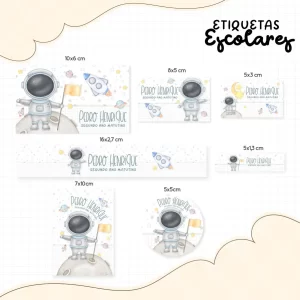 Arquivo Etiquetas Escolares Astronauta – etiquetas escolares criativas com tema espacial e desenhos de astronautas e planetas coloridos.