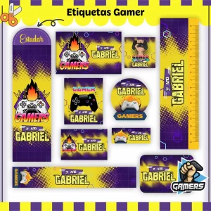 Arquivo Etiquetas Escolares Gamer para imprimir – etiquetas escolares personalizadas com tema de videogames.