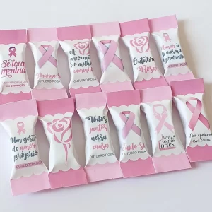 Arquivo digital Outubro Rosa em PNG e PDF para embalagem de balas com frases de apoio.
