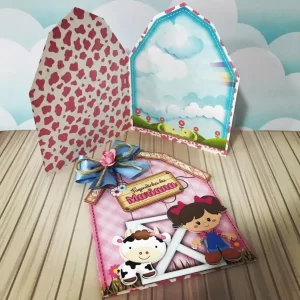 Convite Fazendinha para Editar Studio – convite digital com tema rural, animais da fazenda e elementos coloridos, ideal para aniversários infantis.