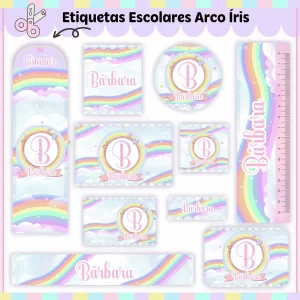 Etiqueta Escolar Arco-Íris Para Imprimir – etiquetas escolares coloridas com tema arco-íris para personalizar materiais com alegria e charme.