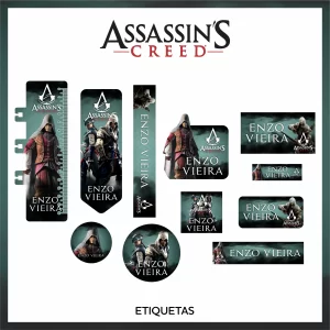 Etiqueta Escolar Assassin’s Creed – etiquetas escolares personalizadas com tema do jogo Assassin’s Creed, cores e símbolos icônicos.