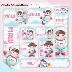 Etiqueta Escolar Astronauta Menina – etiquetas escolares femininas com tema espacial para imprimir.