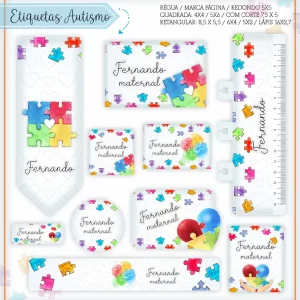 Etiqueta Escolar Autismo Para Imprimir – etiquetas escolares com símbolos e cores do autismo para identificação inclusiva e personalizada.