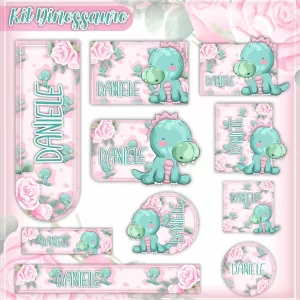 Etiqueta Escolar Dinossauro Menina para imprimir – etiquetas escolares personalizadas com dinossauros em estilo feminino.