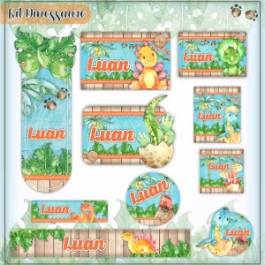 Etiqueta Escolar Dinossauro para editar – etiquetas escolares personalizadas com tema de dinossauros.