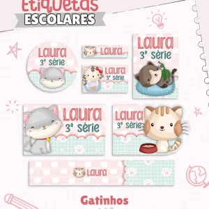 Etiqueta Escolar Gatinho para imprimir – etiquetas escolares personalizadas com ilustrações fofas de gatinhos.