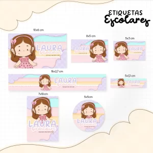Etiqueta Escolar Menina Morena – etiquetas escolares personalizadas com ilustração de menina morena para imprimir e identificar materiais.
