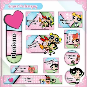 Etiqueta Escolar Meninas Super Poderosas – etiquetas escolares com as heroínas Lindinha, Docinho e Florzinha para imprimir e personalizar materiais.