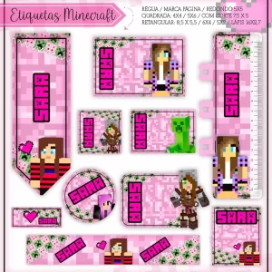 Etiqueta Escolar Minecraft Menina – etiquetas escolares inspiradas no universo Minecraft com personagens femininas e blocos coloridos.