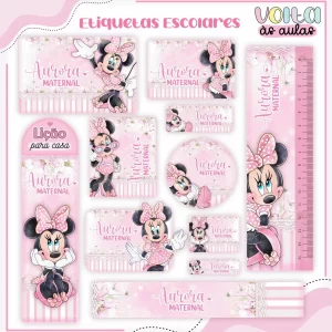Etiqueta Escolar Minnie Rosa Para Imprimir – etiquetas escolares personalizadas com a Minnie em tons de rosa, fofas e divertidas.