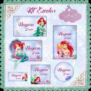 Etiqueta Escolar Personalizada Ariel – etiquetas escolares com a Princesa Ariel para personalizar materiais com o encanto do fundo do mar.