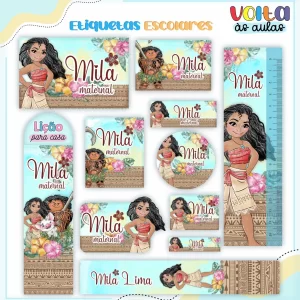 Etiqueta Escolar Personalizada Moana – etiquetas escolares com a personagem Moana para personalizar materiais com aventura e cor.