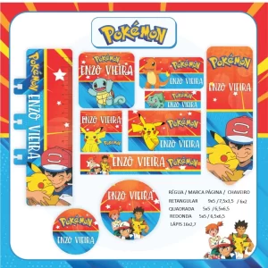 Etiqueta Escolar Personalizada Pokémon – etiquetas escolares com personagens do Pokémon para personalizar materiais com diversão e aventura.