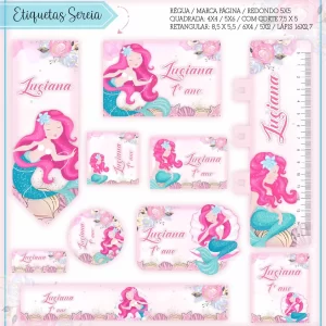 Etiqueta Escolar Personalizada Sereia para imprimir – etiquetas escolares com tema de sereia colorida e divertida.
