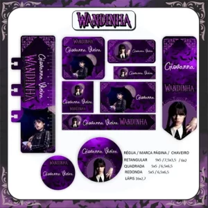 Arquivo Etiqueta Escolar Personalizada Wandinha – etiquetas escolares inspiradas na personagem Wandinha Addams para identificar materiais com estilo gótico e criativo.