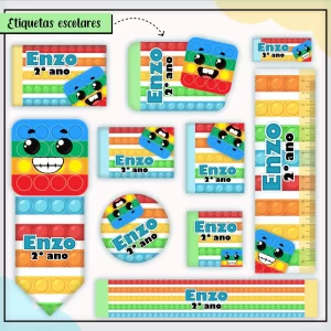Etiqueta Escolar Pop It Para Imprimir – etiquetas escolares coloridas inspiradas nos brinquedos Pop It para personalizar materiais com diversão.