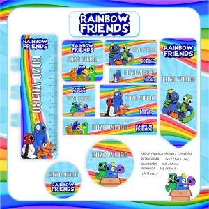 Arquivo Etiqueta Escolar Rainbow Friends – etiquetas escolares com personagens do jogo Rainbow Friends para personalizar materiais com diversão e cores vibrantes.