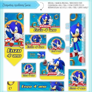 Arquivo Etiqueta Escolar Sonic Para Imprimir – etiquetas escolares com o personagem Sonic para identificar materiais com energia e velocidade.