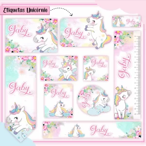 Etiqueta Escolar Unicórnio para imprimir – etiquetas escolares personalizadas com tema de unicórnio colorido.
